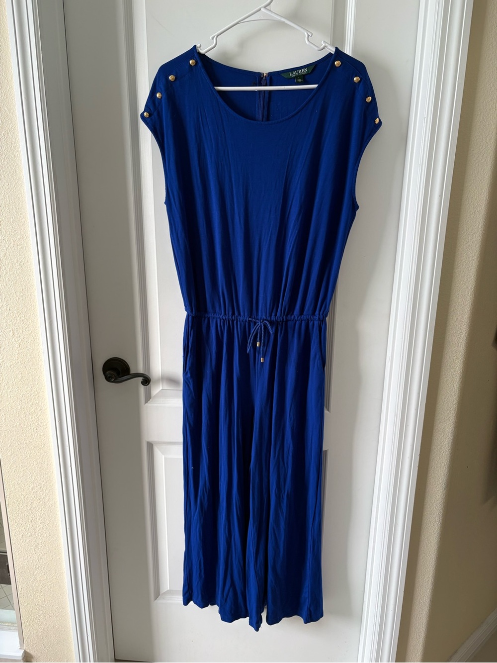 Lauren Ralph Lauren Blue Jersey Jumpsuit Gold Button Shoulder Drawstring Waist L